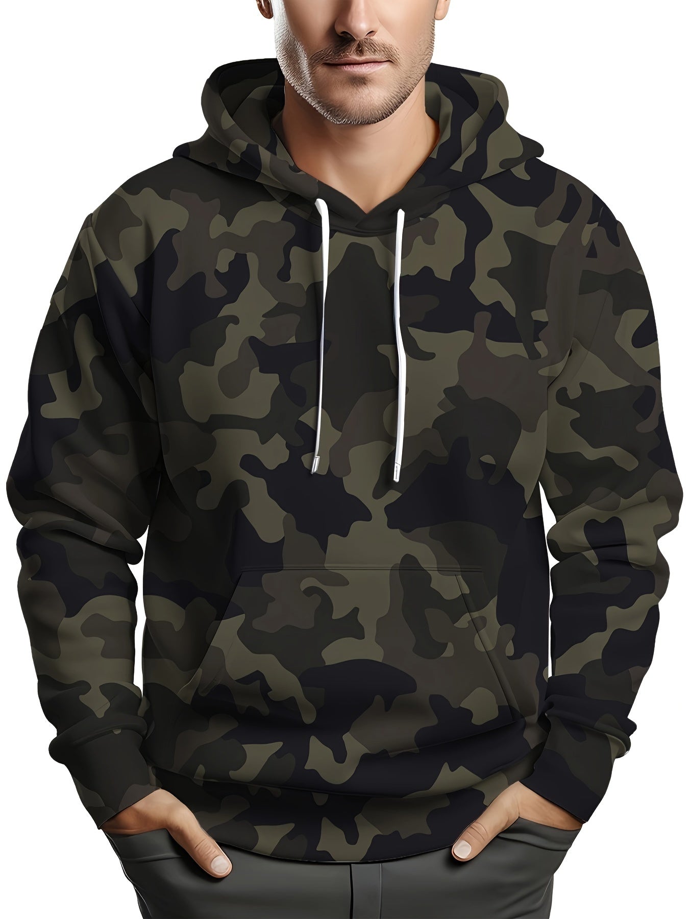 Men's Plus Size Camo Hoodie with Kangaroo Pocket Stretch Fabric Casual Sportswear