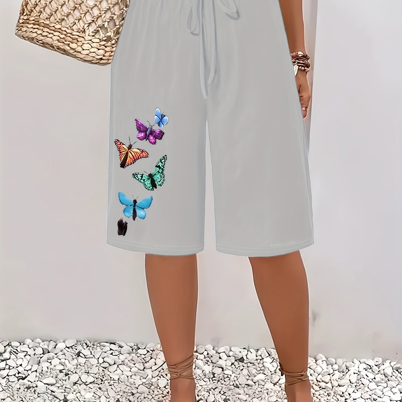 Women's Plus Size Summer Shorts Lightweight Polyester Butterfly Print Elastic Waist