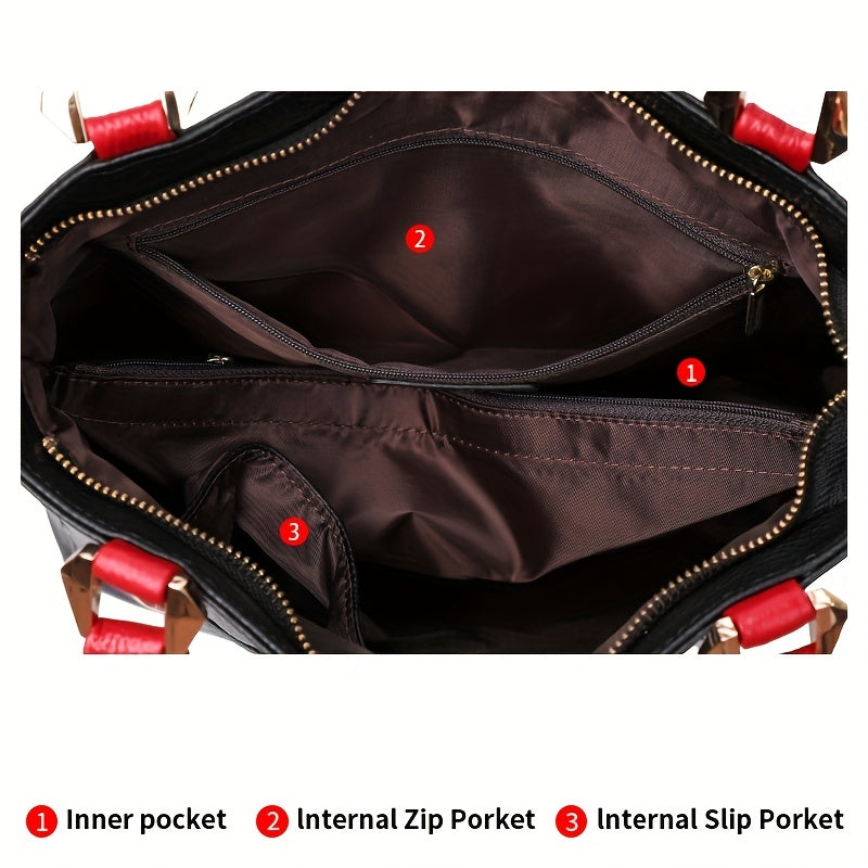 Red Cowhide Tote Bag for Women with Geometric Pattern Zipper Closure Polyester Lining