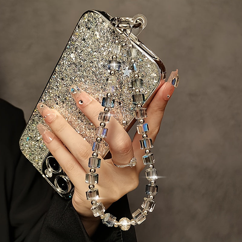 Cadena de mano con cuentas de cristal y llavero con clip para funda de teléfono