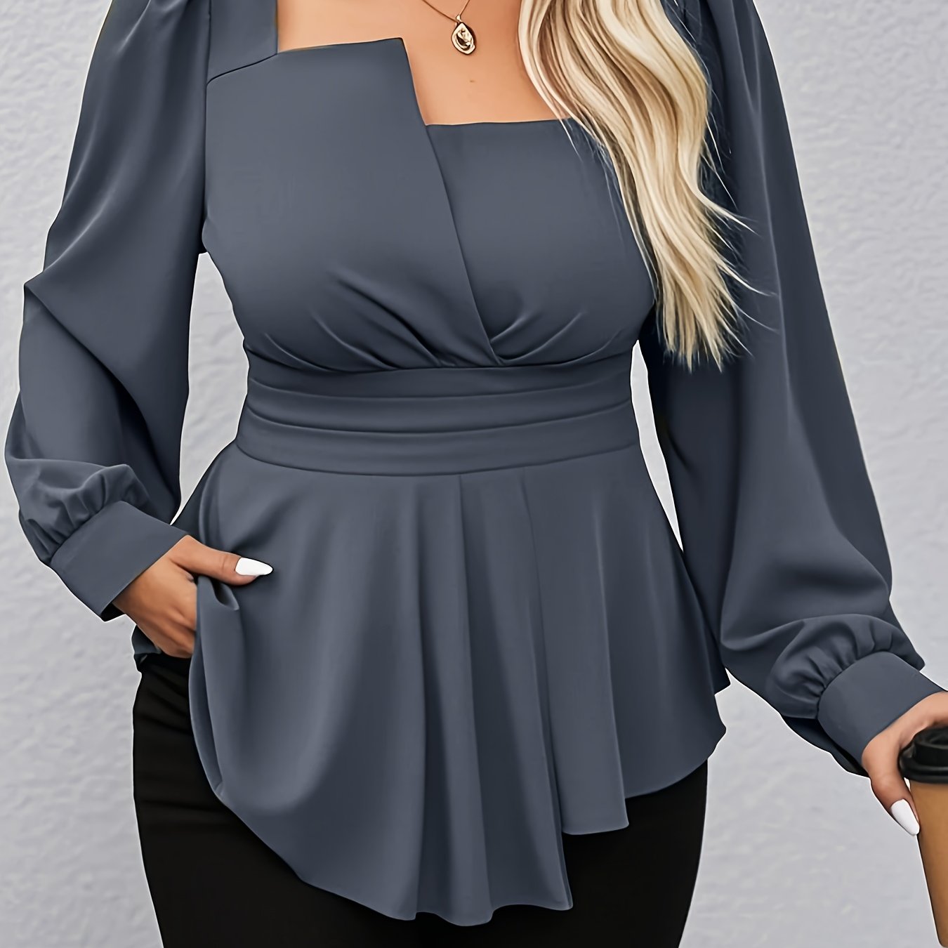 Plus Size Womens Teal Square Neck Long Sleeve Blouse Casual Formal