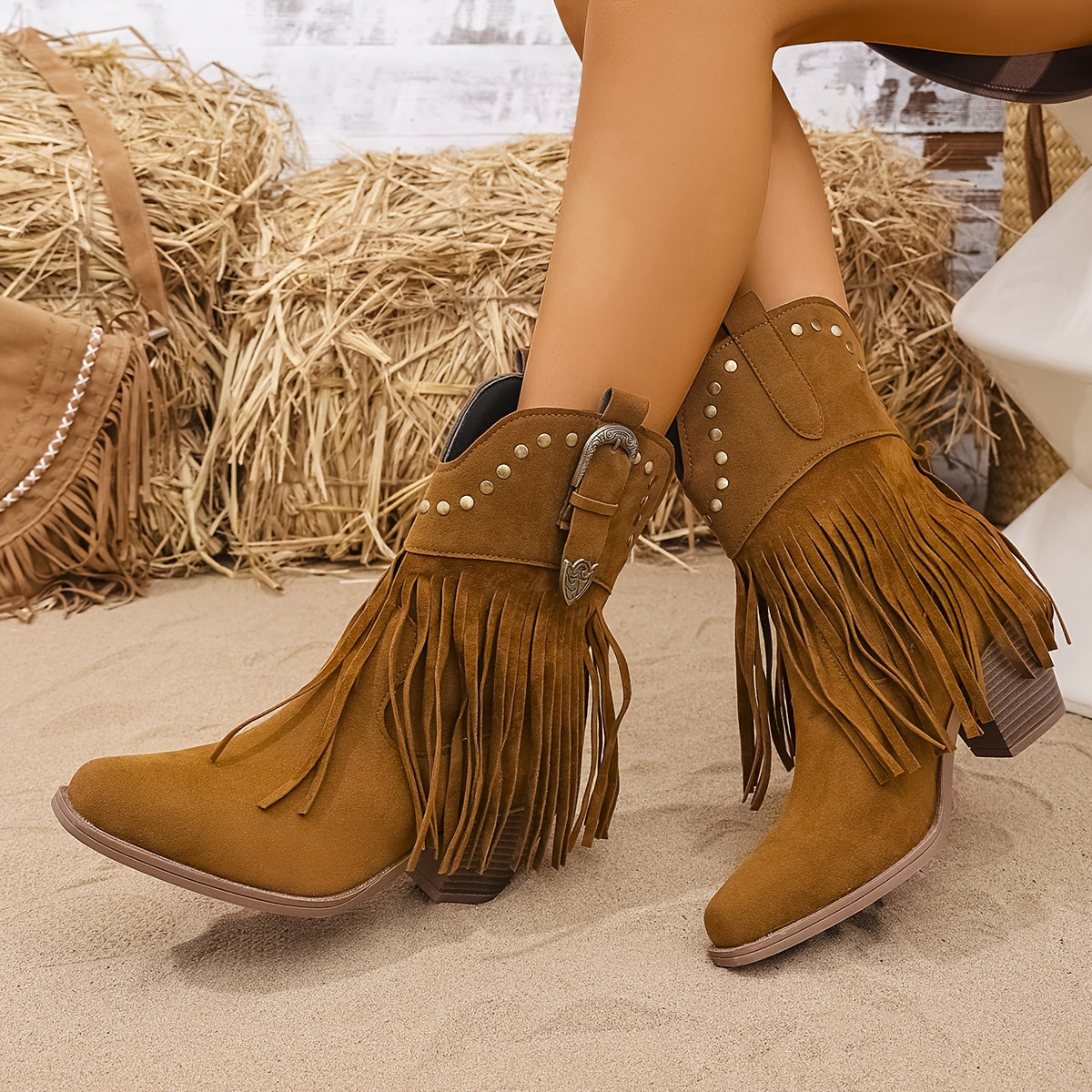 Women's Western Cowboy Boots with Rivets Fringe Fabric Upper All-Season