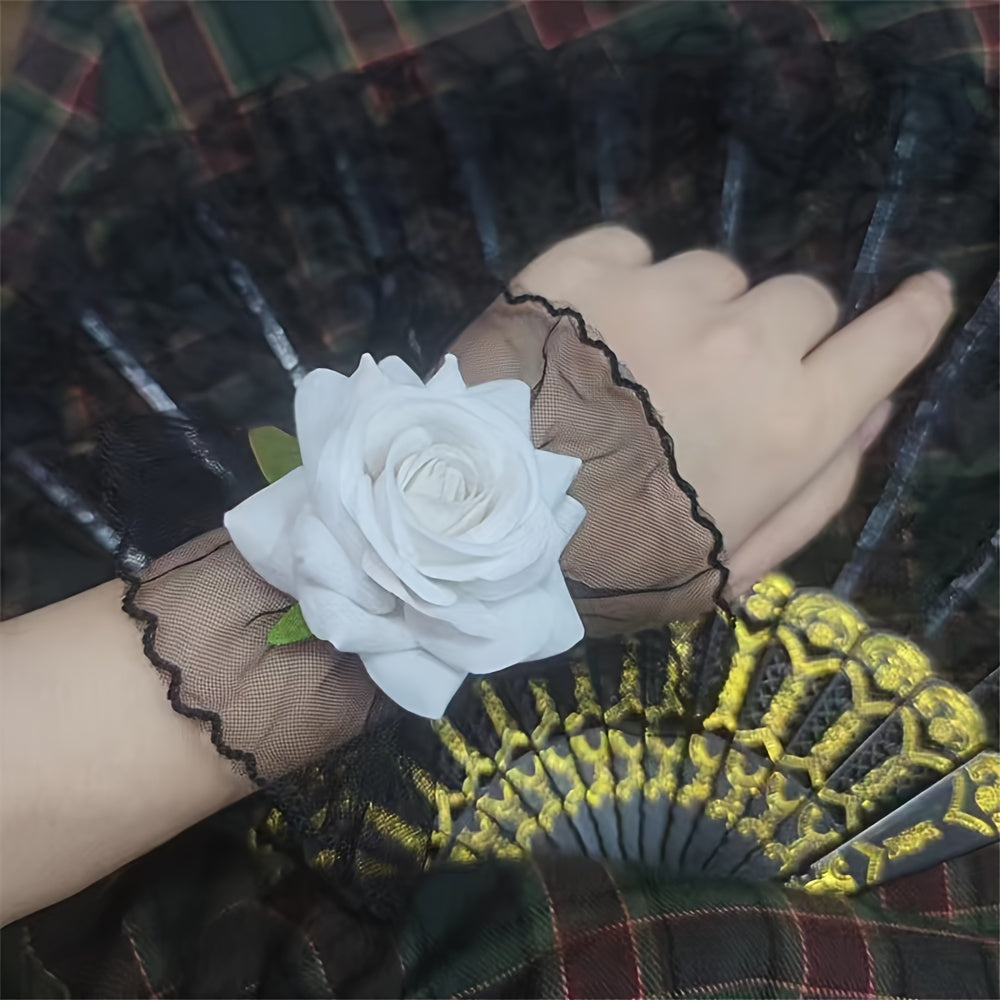 Women’s Lace Wrist Cover Sleeve in Wine Red with Rose Flower Design