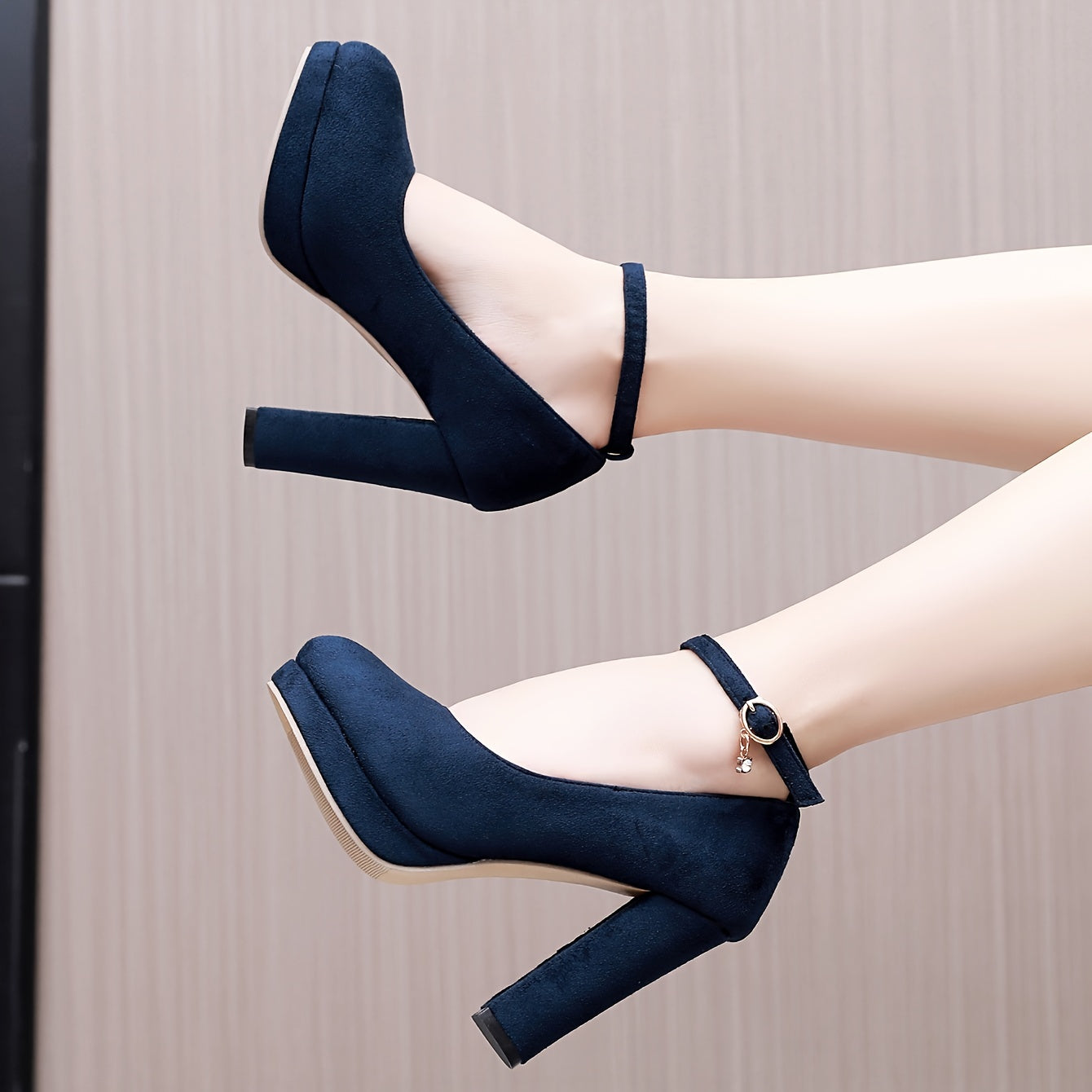Women's Solid Color Elegant Pumps Shallow Mouth Ankle Strappy Buckle Chunky Heels