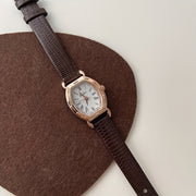 Vintage Oval Wrist Watch with Petite Artistic Dial and Brown Leather Strap