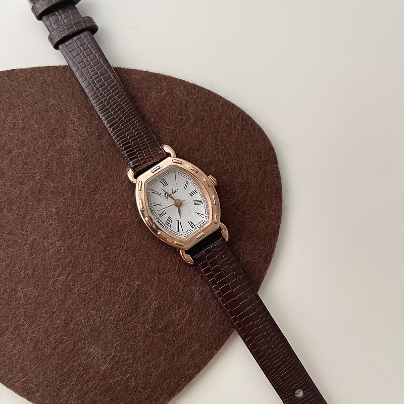 Vintage Oval Wrist Watch with Petite Artistic Dial and Brown Leather Strap