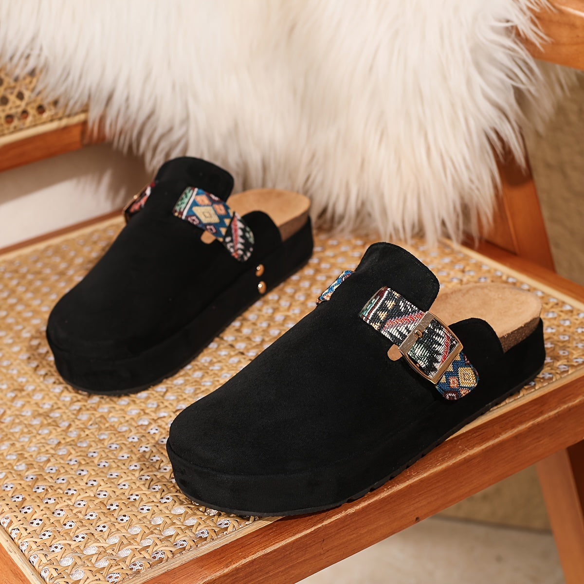 Women's Summer Slip-On Mules Beach Shoes with Embroidery Black White