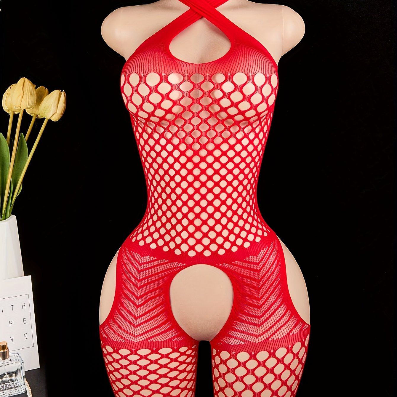 Women's Red Halter Fishnet Bodysuit Lingerie Open Crotch See-Through Hollow-Out