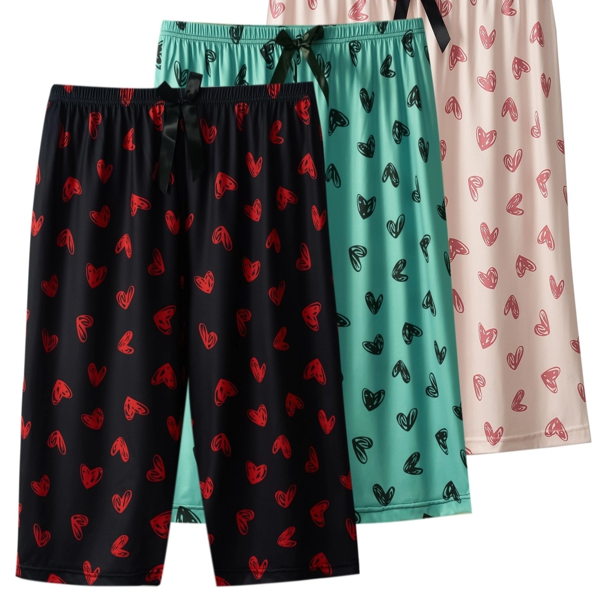Women's Plus Size Heart Print Lounge Capri Pants Elastic Waist Pajama Bottoms