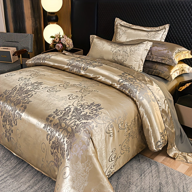 3-Piece Satin Jacquard Bedding Set with Duvet Cover and Pillowcases Golden Contemporary Bedroom Guest Room