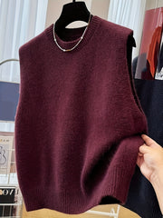 Women's Red Sleeveless Knit Vest with Crew Neck Made of Polyester for Spring and Fall