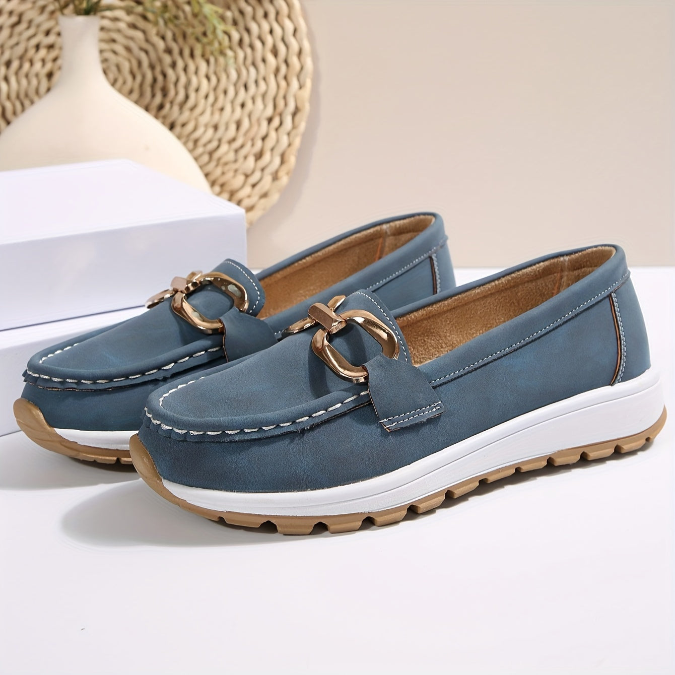 Women's Navy Blue Penny Loafers Synthetic Cover All-Season Comfort