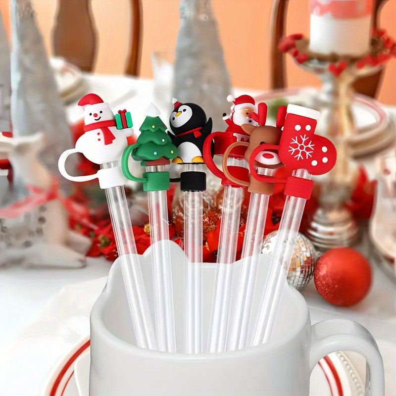 Set of 5 Reusable Silicone Straw Lids Christmas Santa Tree Fits 10mm Straws