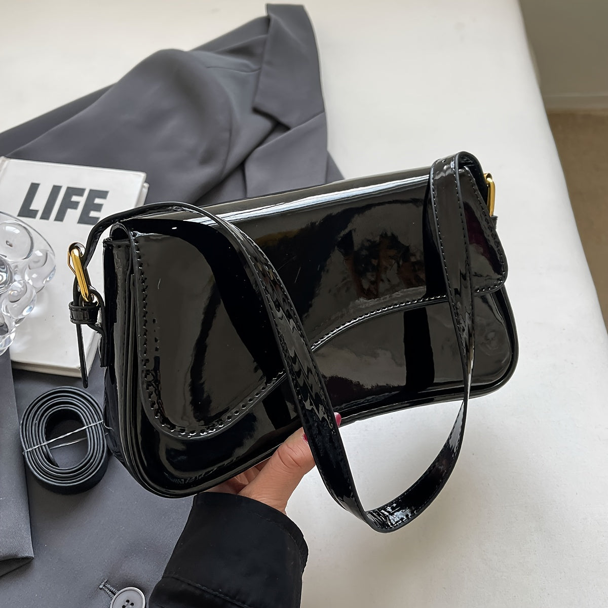 Black Baguette Bag for Women with Adjustable Strap and Gold Hardware