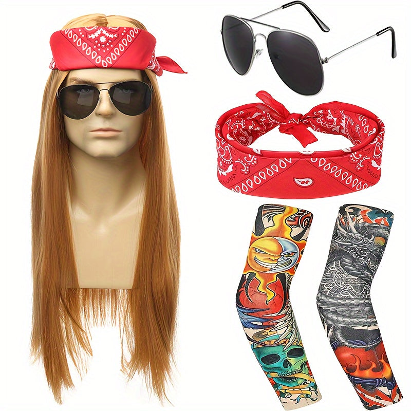 Punk Costume Wig with Straight Fiber Hair, Bandana, Glasses, Tattoo Sleeves