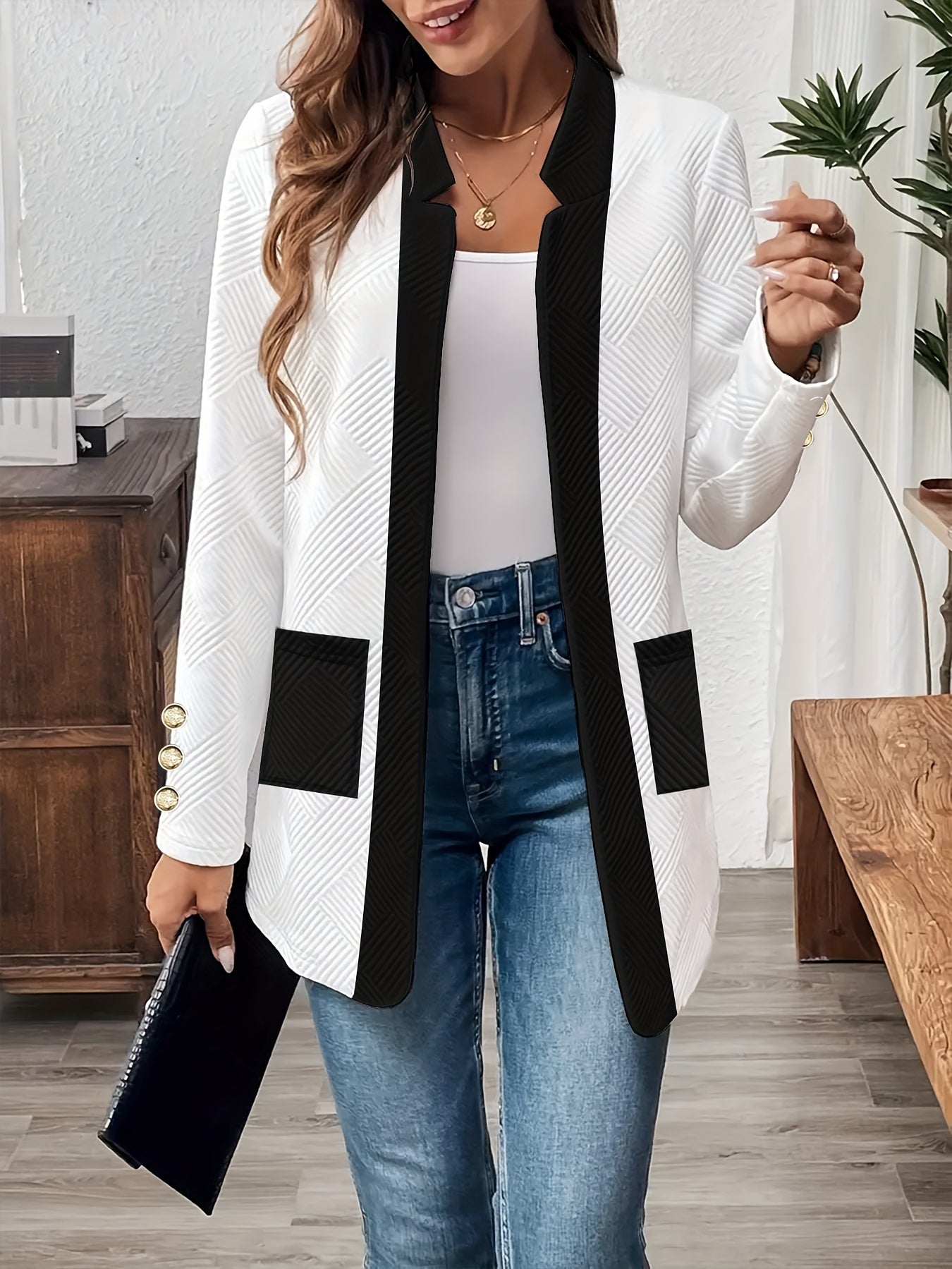 Women's Lightweight Blazer with Pockets Solid Color Geometric Texture Long Sleeve V-Neck