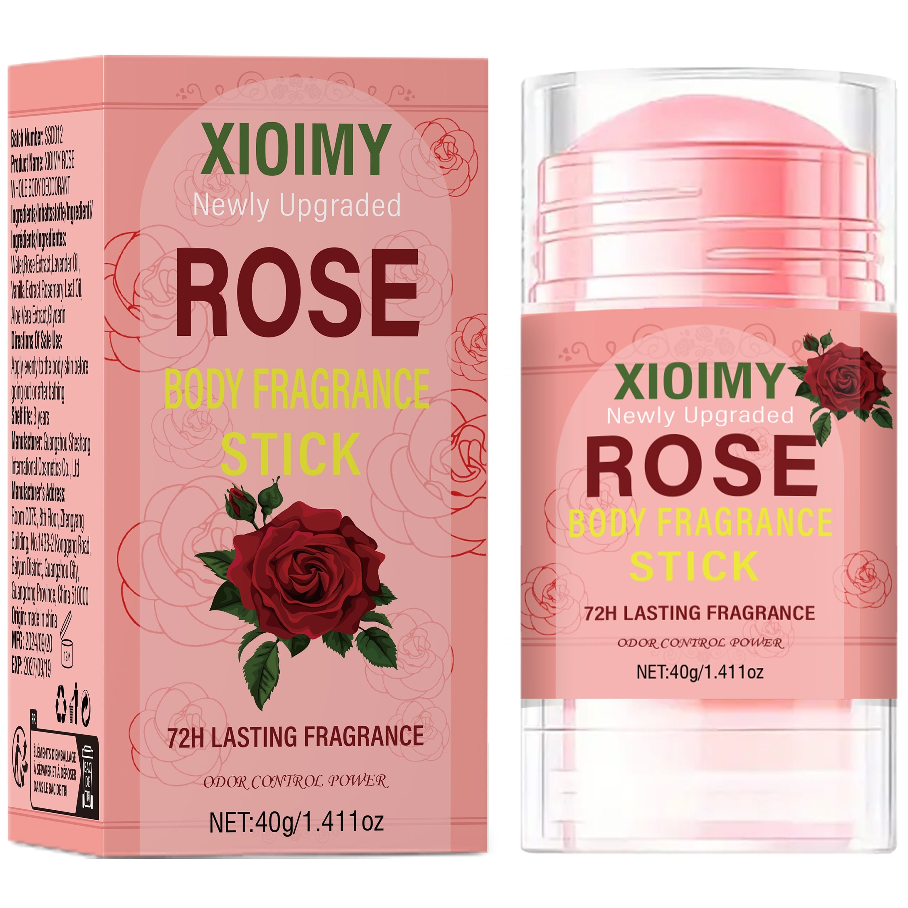 Xioimy Rose Body Fragrance Stick - Uniseks deodorant, 1.411oz, 72 soat davomida yangilik, uzoq muddatli atirgul hid, tanaga mos keladi, qattiq tana hidini va terni bartaraf etadi.
