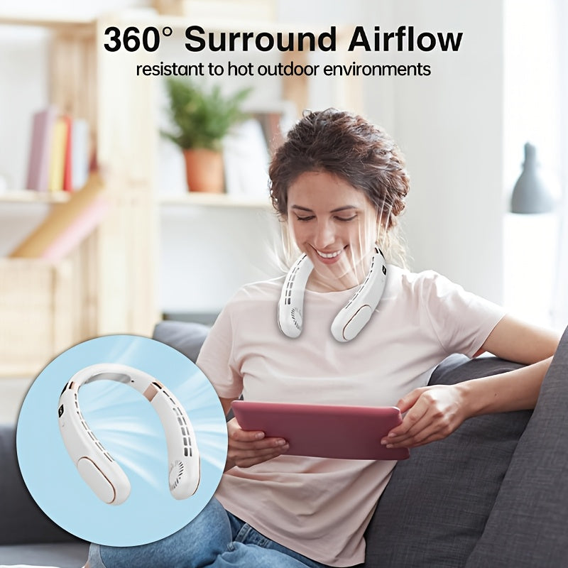 Portable Neck Fan Dual Turbo Airflow USB Rechargeable 5-Speed Cooling for Sports Travel