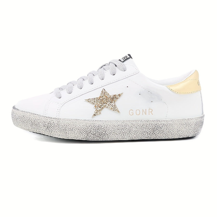 Unisex Vintage Star-Embellished Leather Sneakers with Sequin Accents