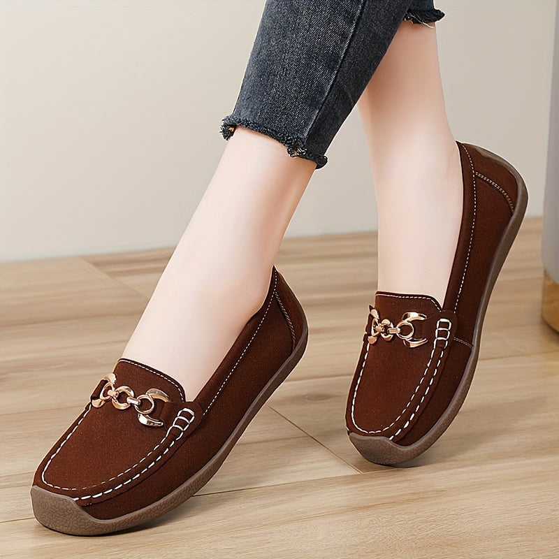 Women's Brown Synthetic Slip-On Loafers with Gold Chain, Round Toe