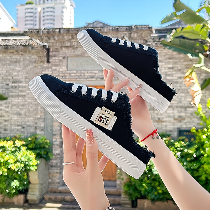 Solid Color Canvas Sneakers for Women with Platform Sole and Round Toe