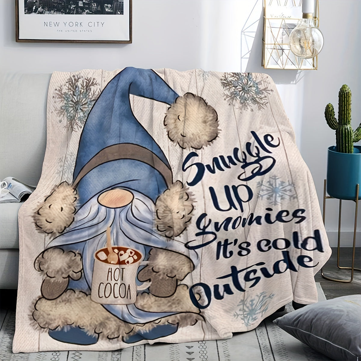 Blue Gnome Printed Flannel Blanket for Office Home or as Shawl or Leg Cover