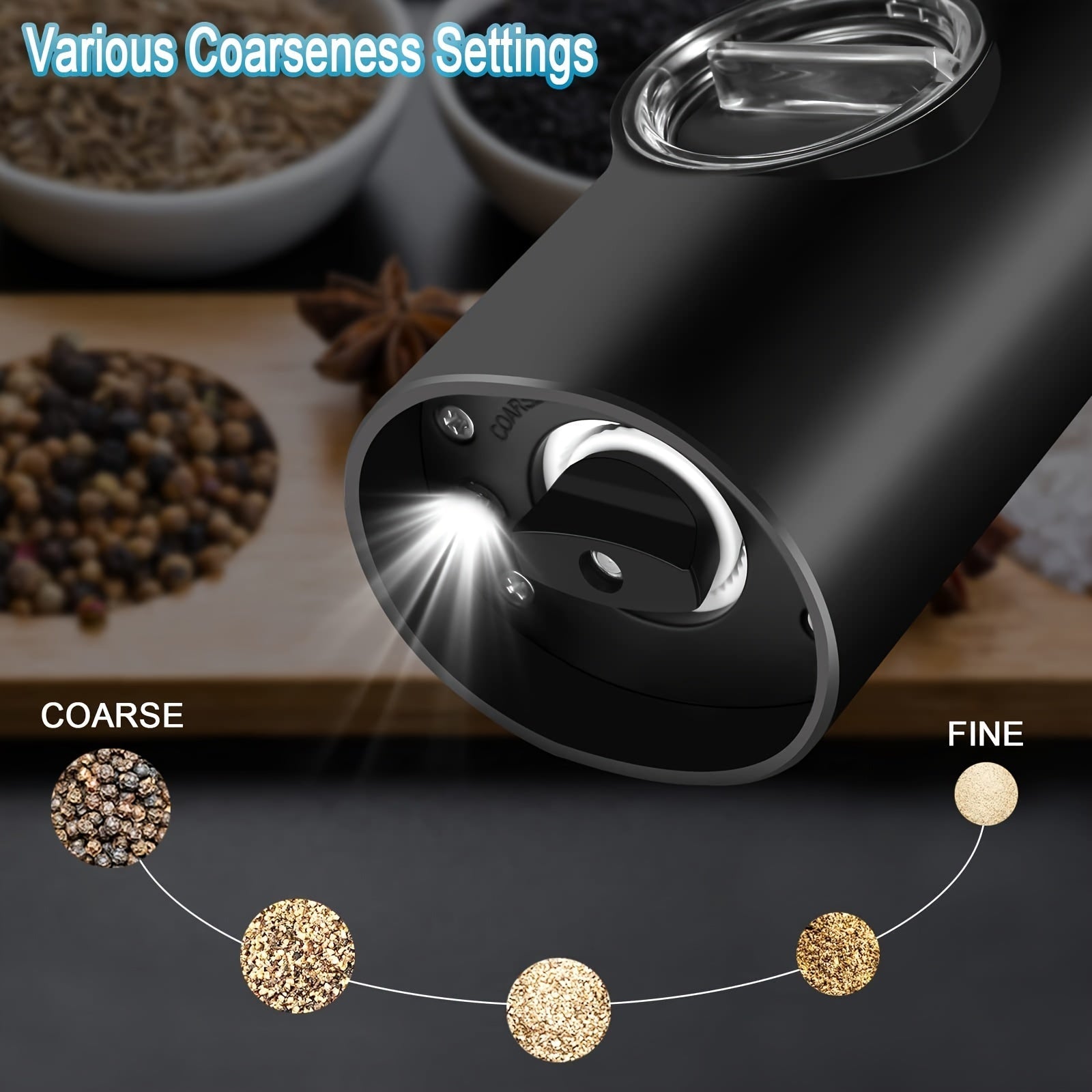 Set of 2 Rechargeable Electric Pepper and Salt Grinders with LED Light and Adjustable Coarseness