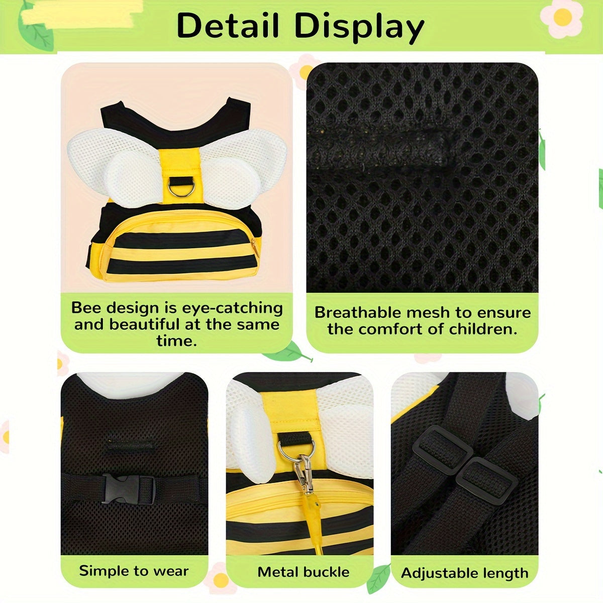 Child Safety Harness and Leash Set with Bee Design and Storage Pocket