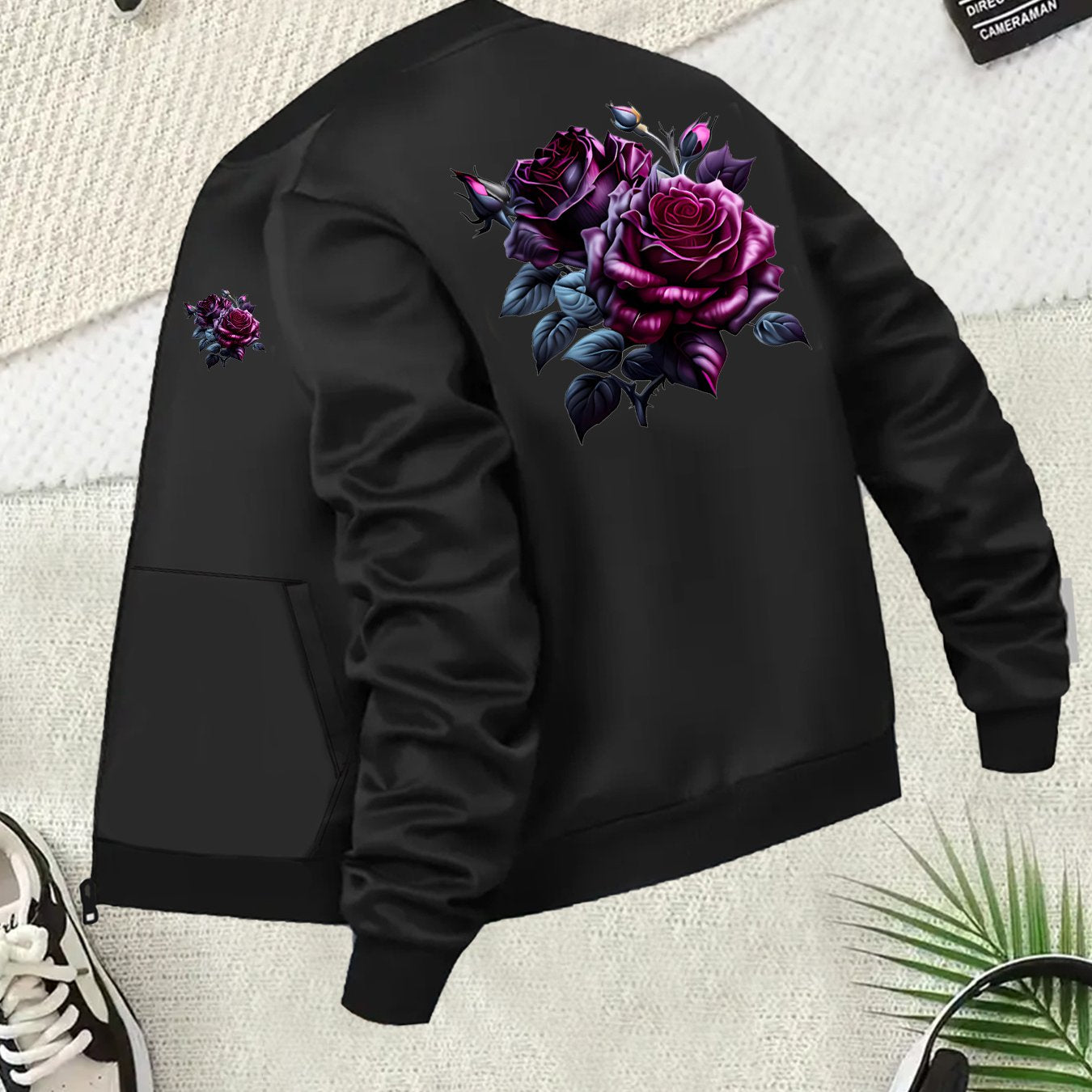 Women's Plus Size Floral Print Bomber Jacket - Black Long Sleeve Pockets