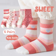 Girls Kids Socks 5 Pairs Heart Cartoon Breathable Crew Socks for Children