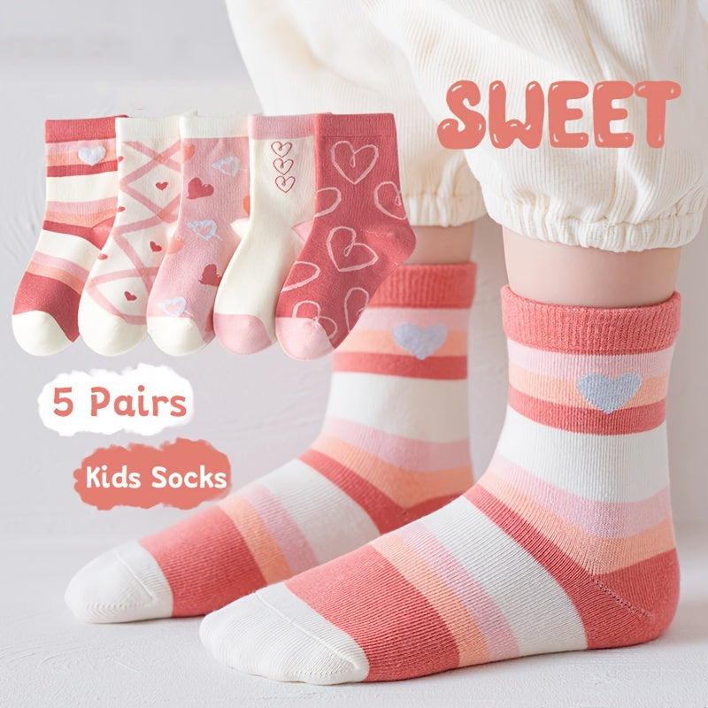 Girls Kids Socks 5 Pairs Heart Cartoon Breathable Crew Socks for Children