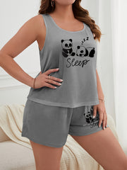 Plus Size Women's Casual Pajama Set with Grey Panda Print Tank Top and Shorts