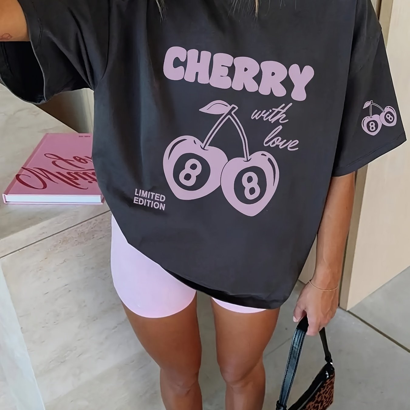 Camiseta gráfica de algodón para mujer talla grande, cherry print, top casual