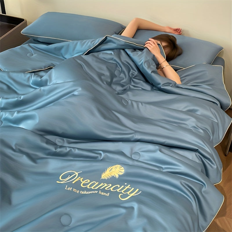 Summer Cooling Quilt Set with Embroidered Microfiber Pillowcases and Quilt