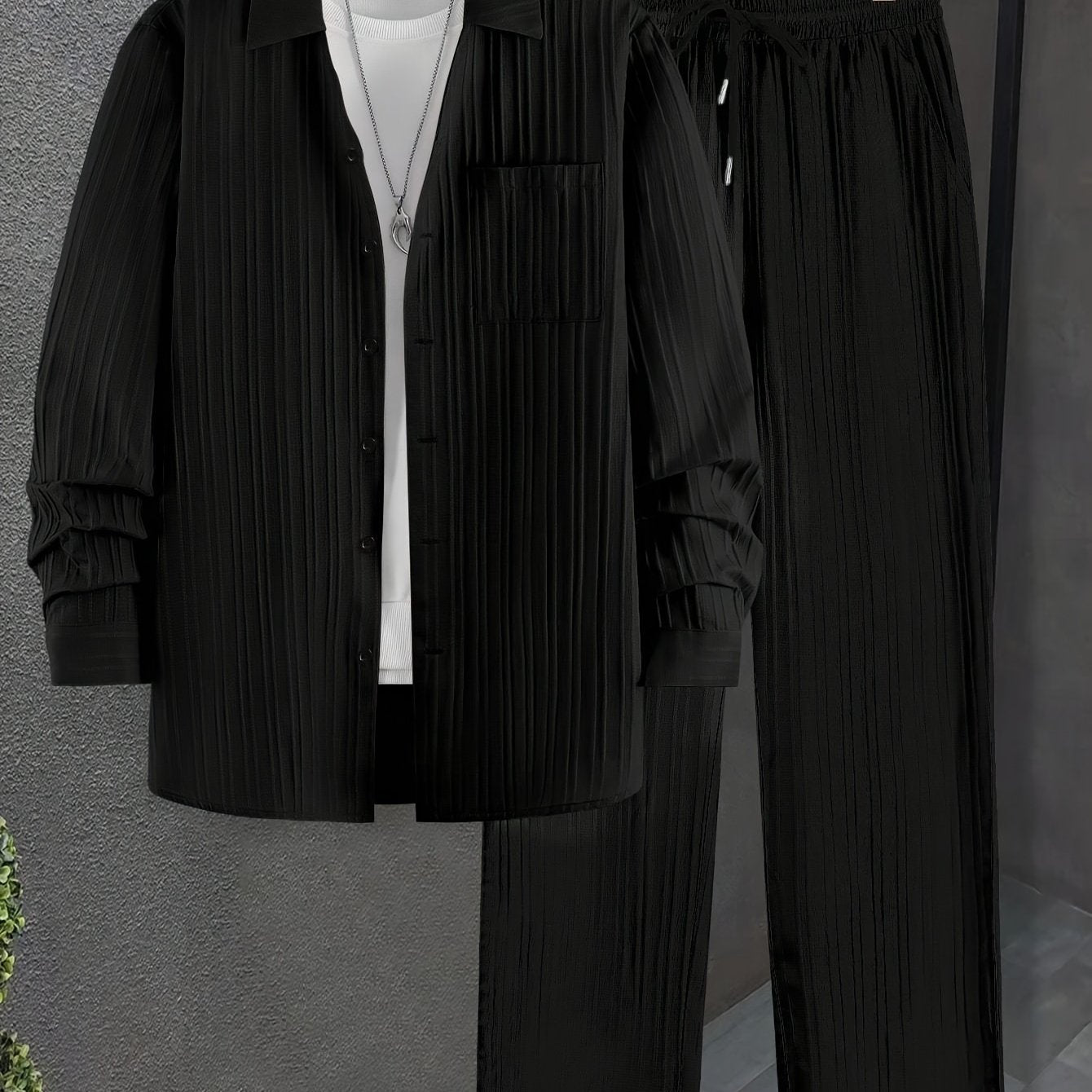 Men's Plus Size Casual Suit with V-Neck Polyester Solid Color Regular Fit