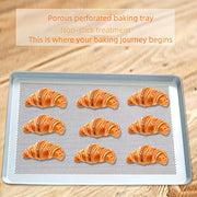 Анодированный противень с антипригарным прямоугольным формой для выпечки, перфорированным дизайном и дышащим серебристым алюминиевым материалом для инструментов для выпечки в духовке.