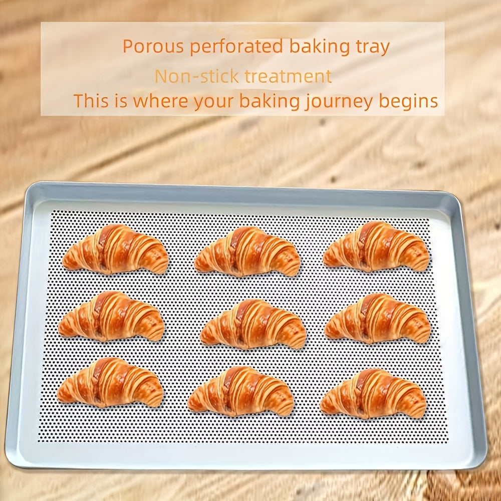 Анодированный противень с антипригарным прямоугольным формой для выпечки, перфорированным дизайном и дышащим серебристым алюминиевым материалом для инструментов для выпечки в духовке.