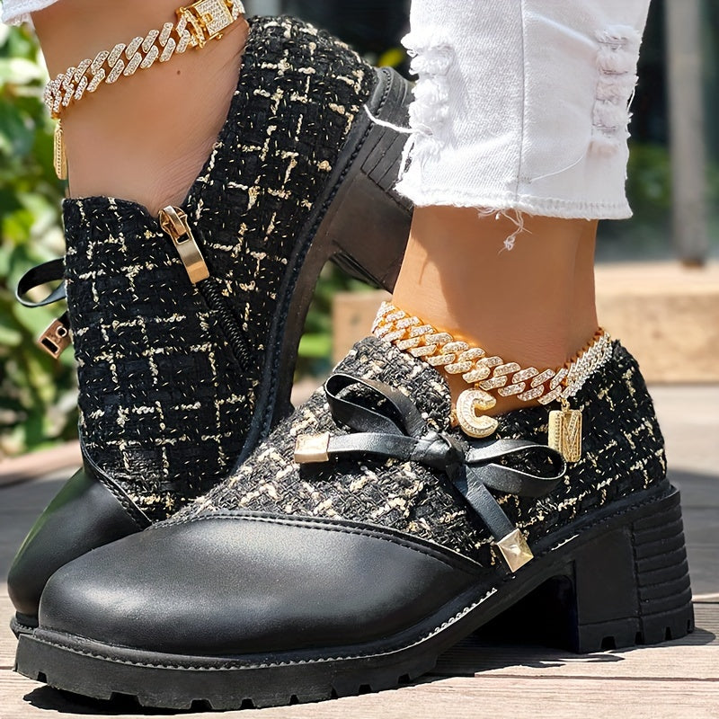 Women's Colorblock Dress Shoes with Bowknot Zipper Chunky Heel