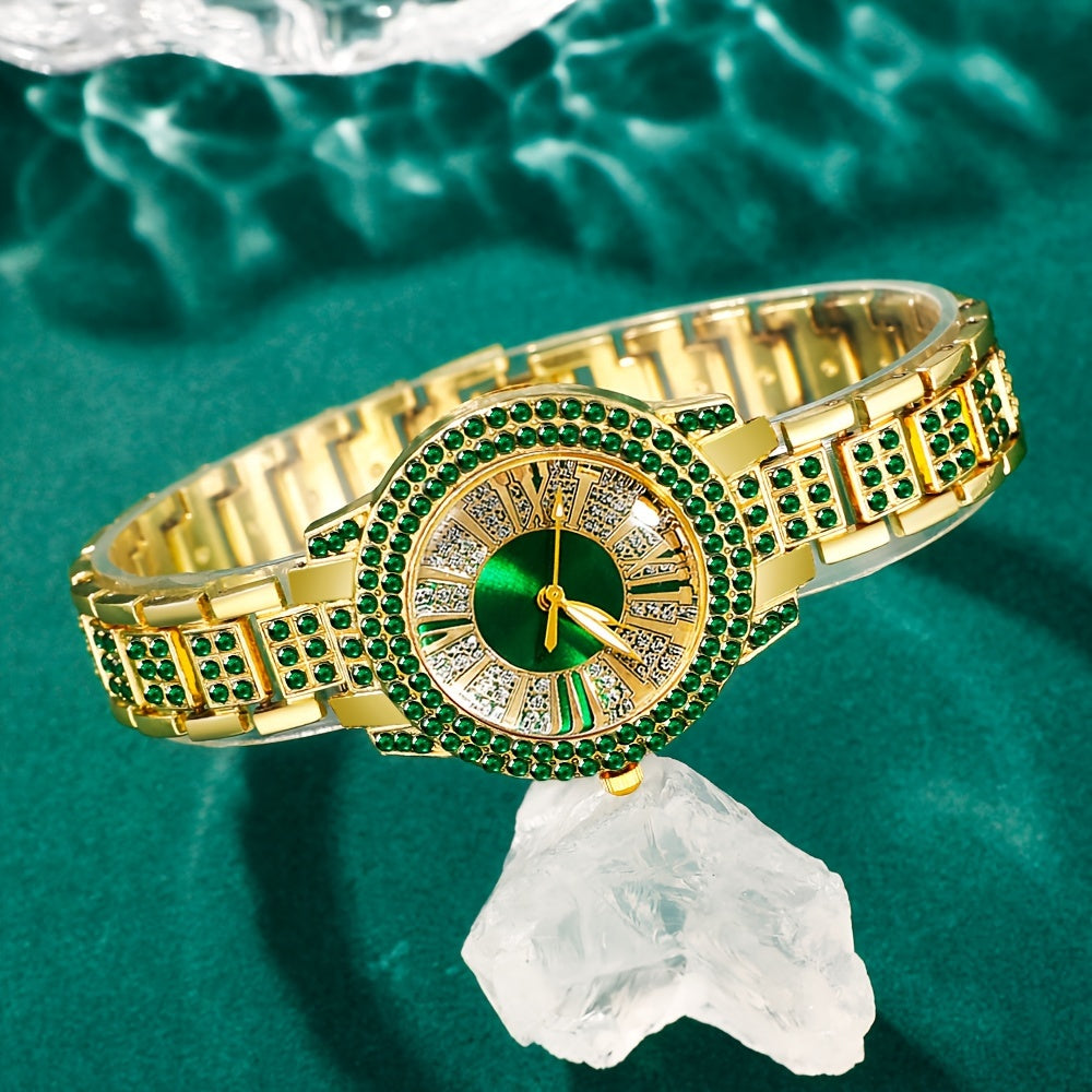 Women’s Green Quartz Jewelry Set with Wristwatch Earrings Necklace and Bracelets
