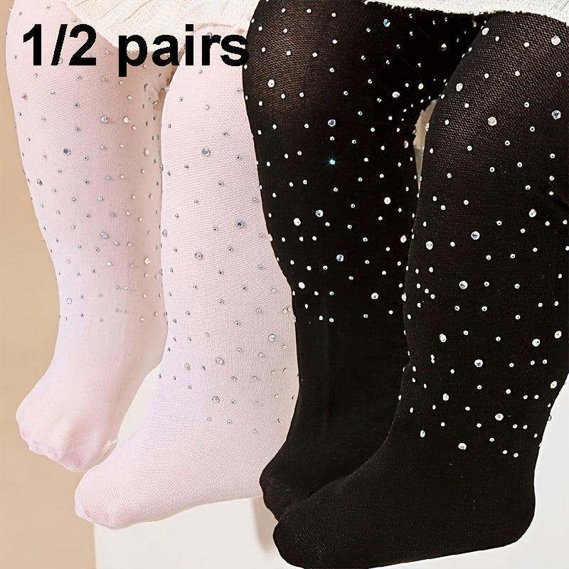 Baby Girls Tights Black and White Rhinestone-Studded Knit Polyester All-Season