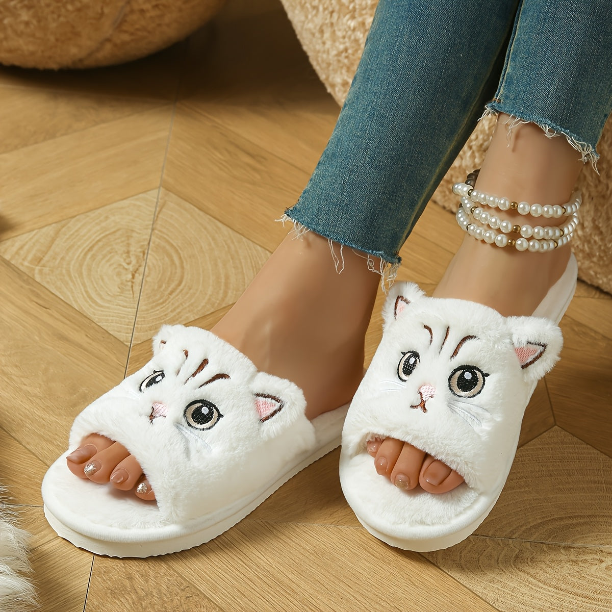 Ayollar uchun Cartoon Cat mo'rt shlyapa paxtali ichki poyabzal, yopiladigan slip-on oyoq kiyim