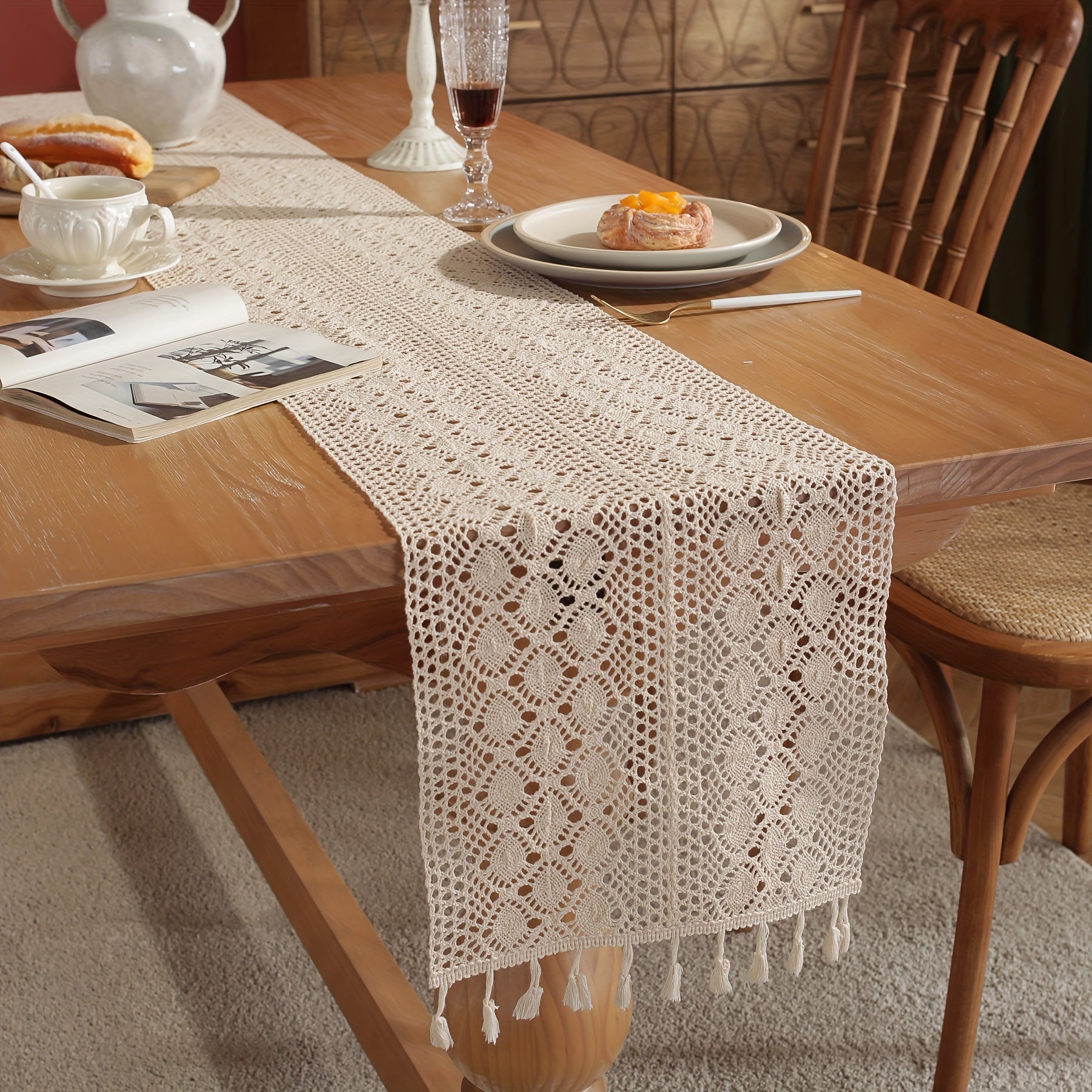 Beige Cotton Linen Crochet Table Runner with Geometric Rhombus Pattern