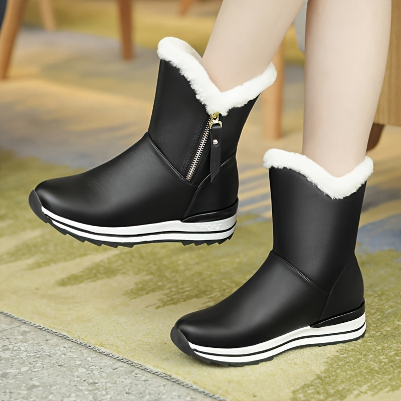 Women's Fleece-Lined Snow Boots Ankle Booties Zipper Solid Color