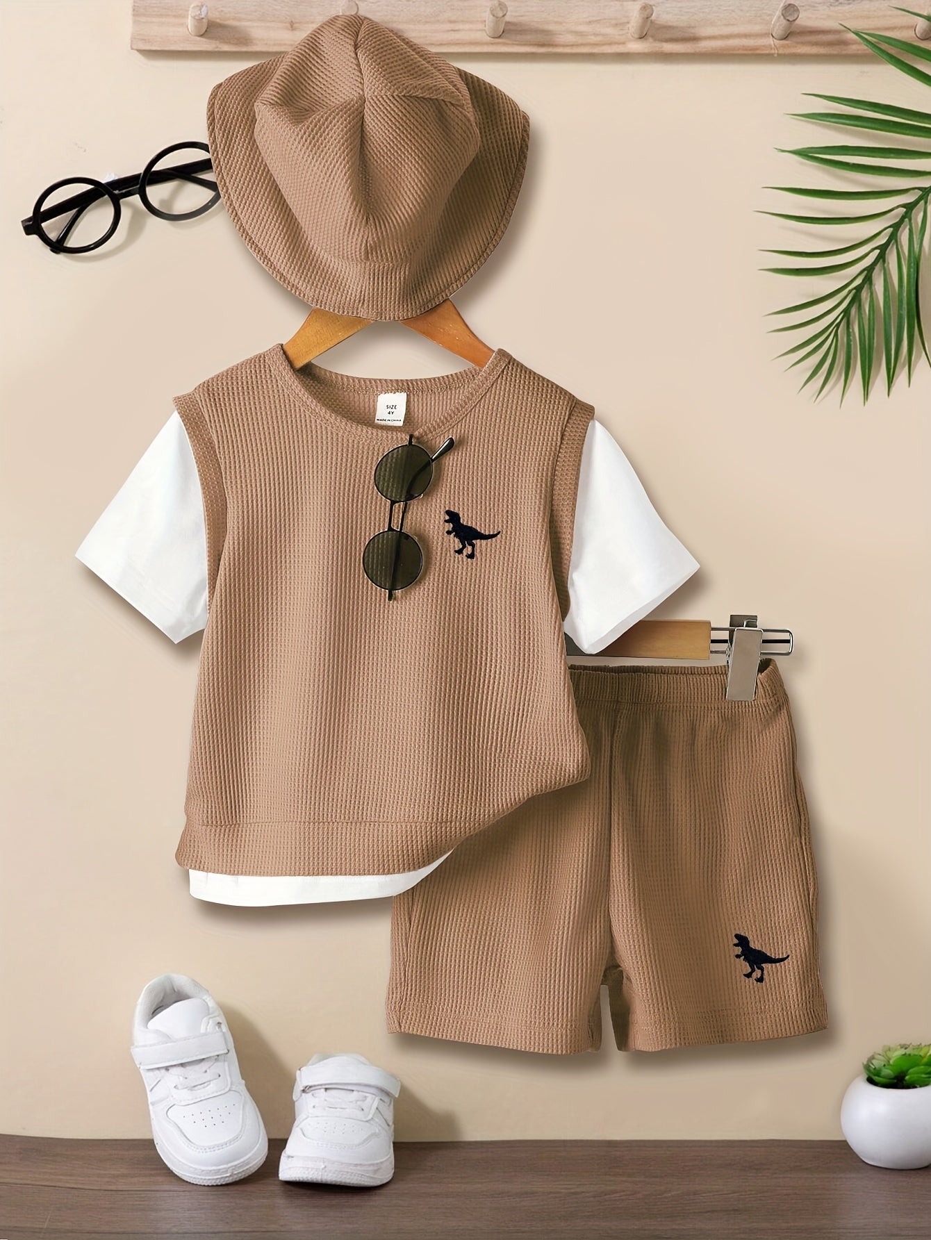 Waffle Pattern Matching Suit for Men and Children Short Sleeve T-Shirt and Shorts