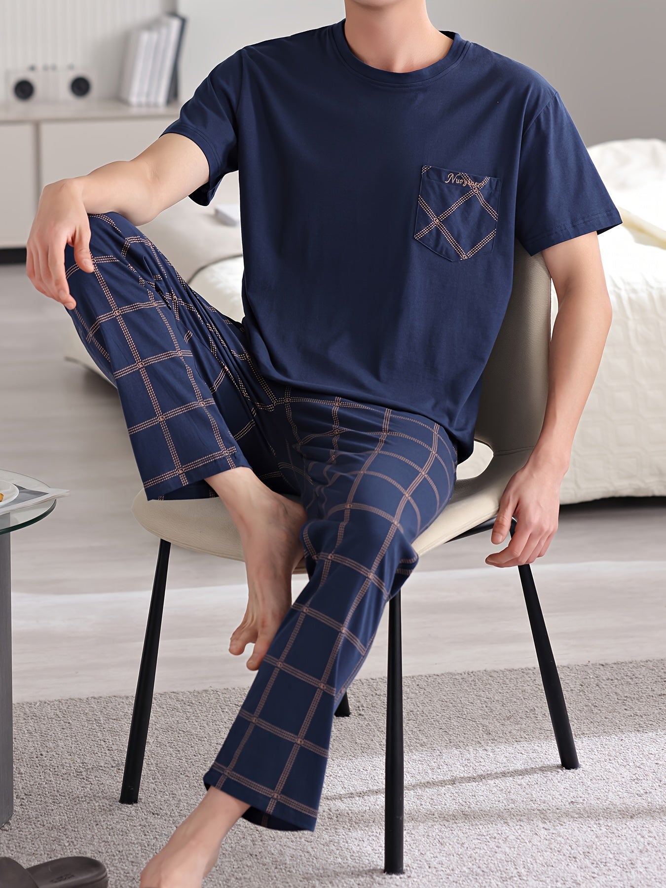 Men's Plus Size Cotton Short Sleeve Pajama Set with Plaid Trousers Lounge Wear