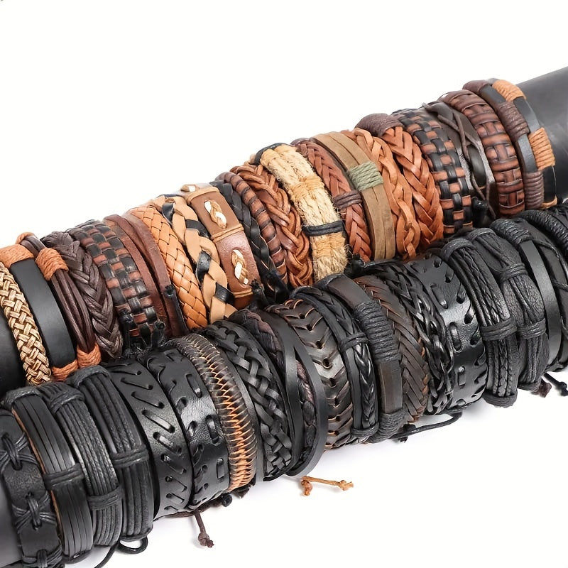 Set of 10 20 or 30 Faux Leather Bracelets for Men Women Adjustable Black Brown Gift