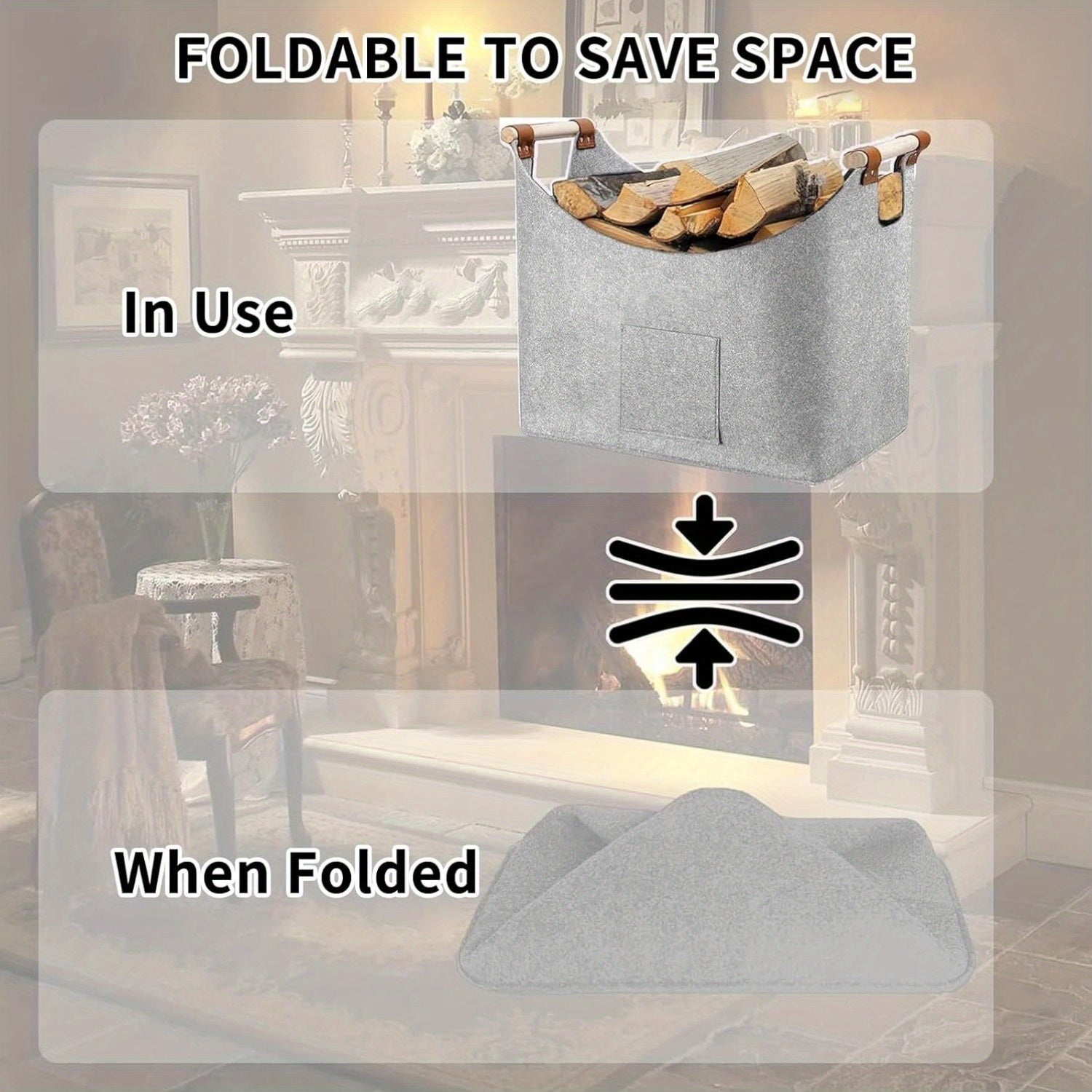 Большая серая корзина для дров из прочного ПЭТ-материала с ручками, очень толстое войлочное хранилище для дров, настенный держатель для дров для камина, емкость 36 кг/46 л, размеры 45x40x32 см