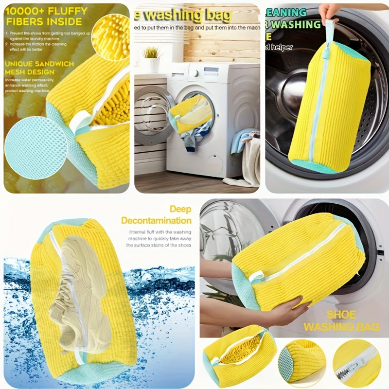 Yellow Polyester Shoe Washing Bag with Mesh Pockets Zipper Safe Laundry