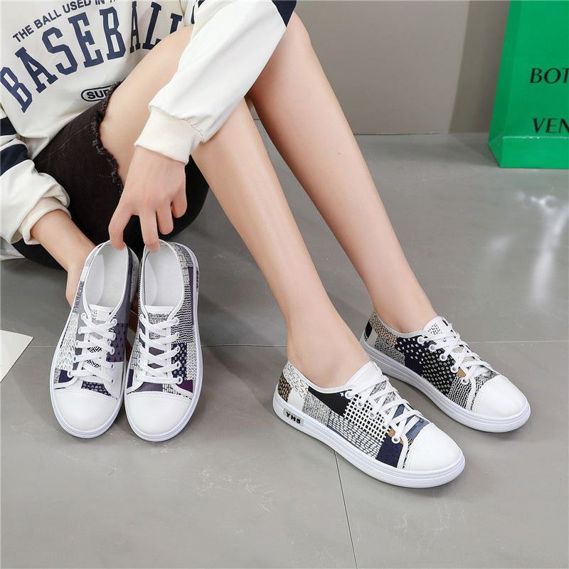 Women’s Breathable Canvas Sneakers Low-Top Casual Shoes White Navy Blue