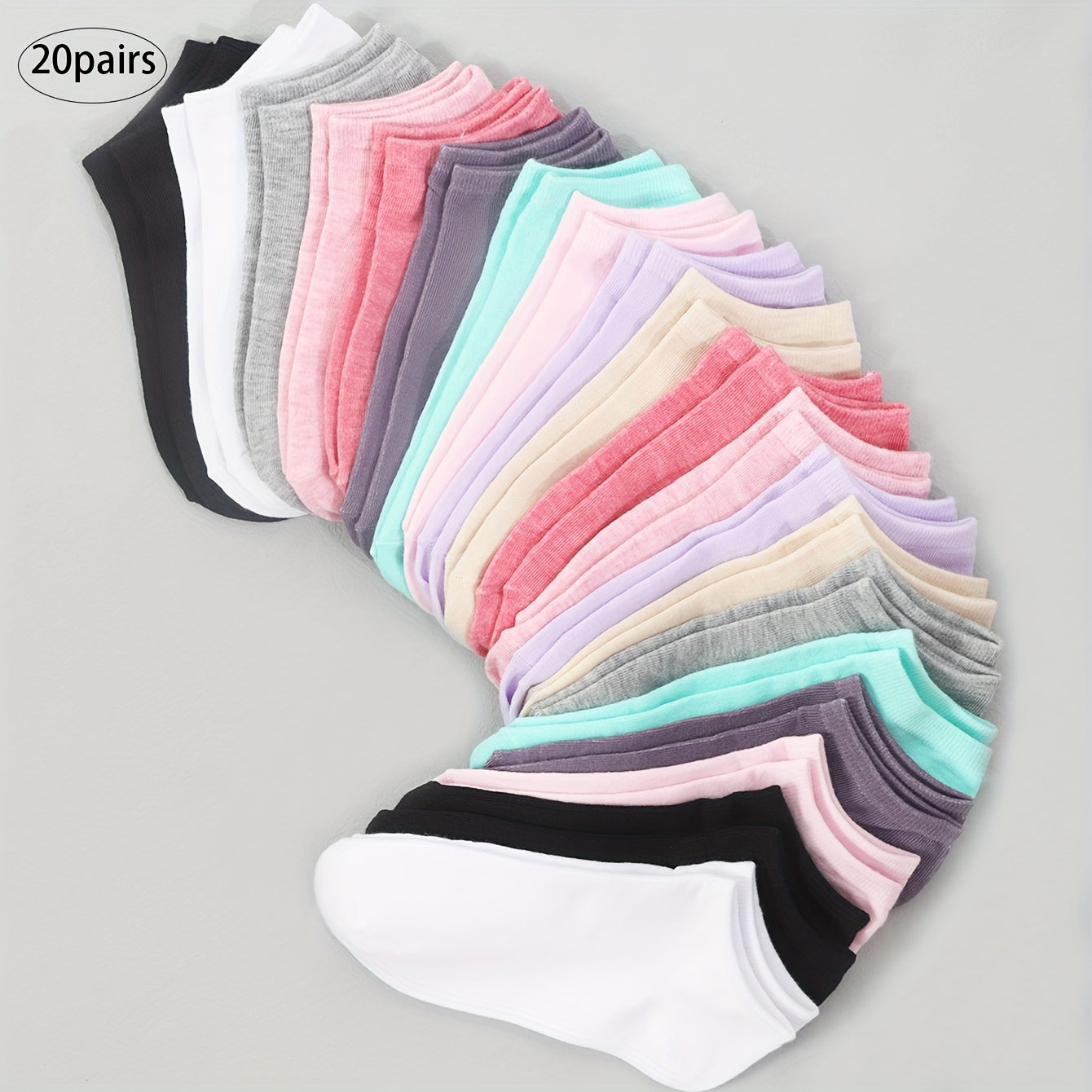 Women's Ankle Socks 20 Pairs Assorted Colors Polyester Elastane Knit Fabric Lightweight Sweat-Absorbent